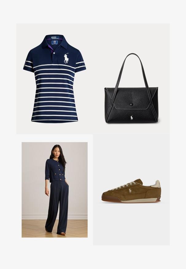 Mørkeblå poloshirt med hvide horisontale striber, korte ærmer, krave og en hvid polo-spiller logo på brystet.; Kvinde iført navyblå knappet cardigan med guldknapper og vide bukser, stående på trægulv mod en ensfarvet væg.; Brun ruskind sneaker med cremefarvede snørebånd, tyk sål og et lille hvidt broderet logo på siden.; Sort tekstureret læderhåndtaske med enkelt knapklap, to skulderremme, hvid syning og lille hvid hestelogo foran.