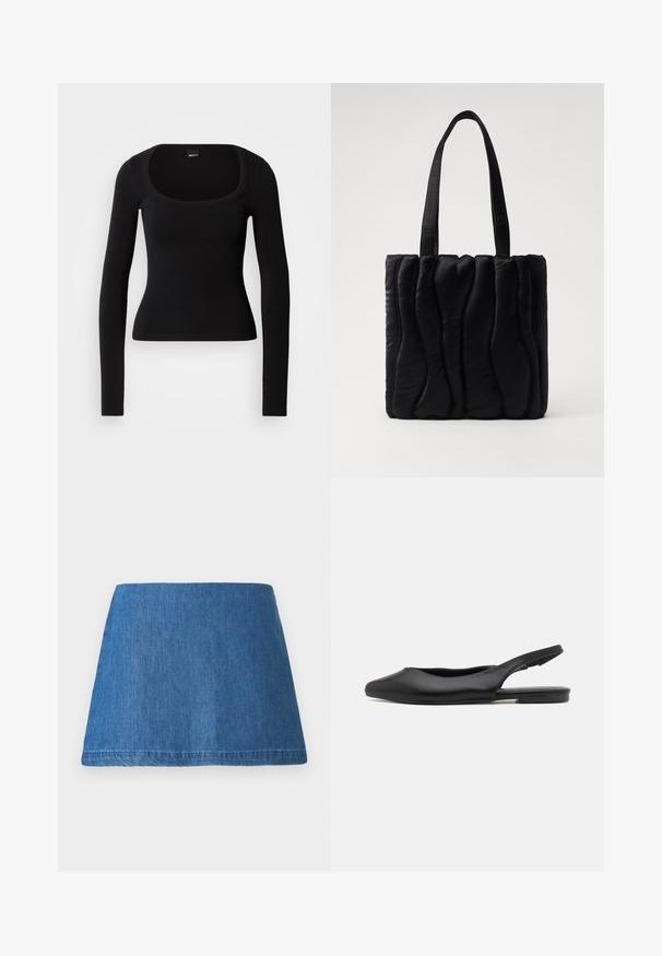 Sort langærmet top med rund halsudskæring, tætsiddende design og ribbet tekstur, lavet af blødt, strækbart materiale. Ingen synlige mønstre eller accenter.; Denim mini nederdel i en mellemblå tone, med en klassisk A-form, ren kant og uden synlige udsmykninger eller mønstre.; Sorte læder slingback sko med spidse tæer, flad hæl og buet udskæringsdesign. Glat overflade og minimalistisk stil.; Sort totebag lavet af polstret stof, med en bølget tekstur, to robuste håndtag og en rektangulær form. Enkel, moderne design.