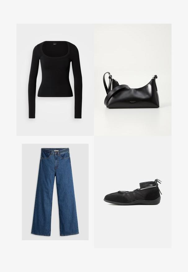 Zwarte top met lange mouwen, ronde halslijn, getailleerd ontwerp en geribbelde textuur, gemaakt van zacht, rekbaar materiaal. Geen zichtbare patronen of accenten.; Wijde blauwe denim jeans met een hoge taille, voorzien van een klassiek vijf-pocket ontwerp en een gestructureerde tailleband.; Zwart platte schoen met wikkelbare enkelbandjes en suède details, ontworpen voor een veilige pasvorm en een minimalistische stijl.; Zwarte leren handtas met een gladde textuur. Beschikt over een verstelbare schouderband en een strak, minimalistisch ontwerp met een ritssluiting.