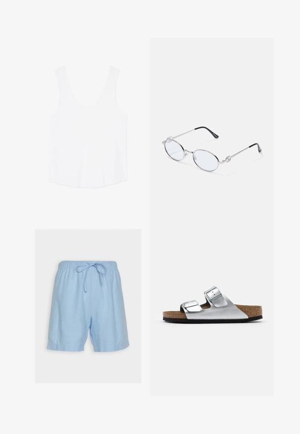 Débardeur blanc sans manches à encolure dégagée avec larges bretelles, présenté à plat sur un fond blanc.; Monki Short - blue; Sandale en cuir argenté avec deux boucles réglables, semelle en liège et semelle en caoutchouc noir texturé. Design ouvert à l'avant avec des bords doux.; Lunettes ovales en métal argenté avec verres transparents, présentant des accentuations décoratives sur les côtés et des embouts noirs sur les branches pour plus d'adhérence et de confort.