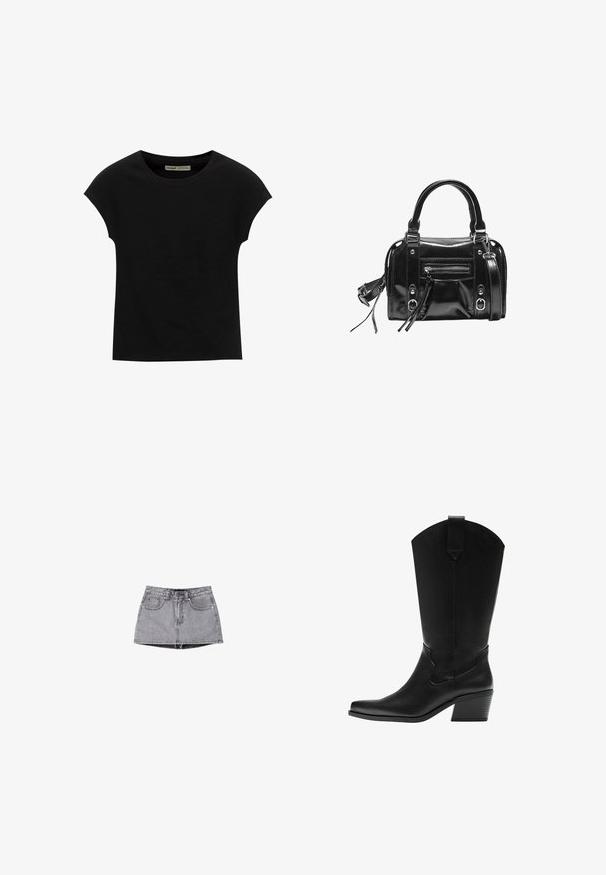 T-shirt noir à manches courtes avec un col rond. Confectionné en coton lisse et extensible. Design simple sans motifs ni graphismes.; Jupe mini en denim de couleur gris délavé. Comprend une fermeture à boutons, des passants pour ceinture et deux poches avant. Texture lisse avec un effet de lavage subtil.; Botte western en cuir noir mi-mollet avec bout pointu et talon bloc superposé, avec languette de tirage et coutures décoratives discrètes.; Sac à main noir en matériau brillant, équipé de deux poignées, d'une bandoulière amovible, d'une poche avant zippée et d'accents en métal argenté.