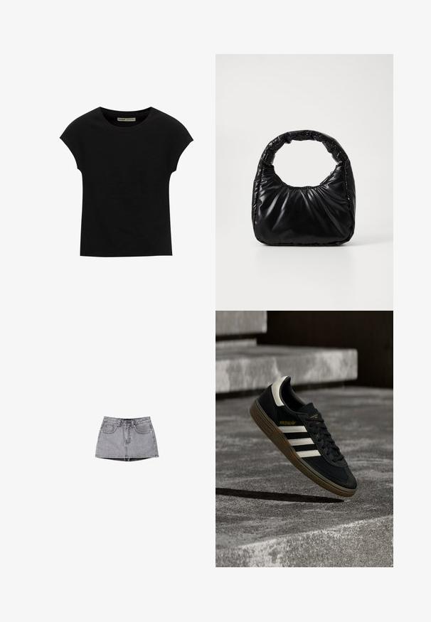 T-shirt noir à manches courtes avec un col rond. Confectionné en coton lisse et extensible. Design simple sans motifs ni graphismes.; Jupe mini en denim de couleur gris délavé. Comprend une fermeture à boutons, des passants pour ceinture et deux poches avant. Texture lisse avec un effet de lavage subtil.; Baskets Adidas noires avec des bandes blanches et une semelle en gomme flottant au-dessus d'escaliers en béton gris sous une lumière naturelle.; Sac à main noir rembourré avec une poignée arrondie, présentant une surface lisse et brillante ainsi qu'une texture douce et matelassée. Pas de quincaillerie ou d'accents visibles.
