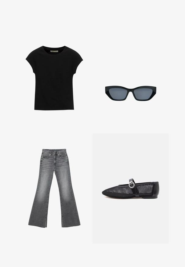 Sort T-shirt med korte ærmer og rund halsudskæring. Fremstillet af glat, elastisk bomuldsstof. Simpelt design uden mønstre eller grafik.; Grå falmet denimjeans med høj talje, knaplukning foran og lynlås, der har vide, udvidede ben samt lommer foran og bagpå.; Sorte net mesh Mary Jane flade sko med rund tå, justerbar rem, sølv spænde og solid hælkappe på hvid baggrund.; Sorte katteøje-solbriller med tykke stel og mørke tonede linser, vist mod en hvid baggrund.