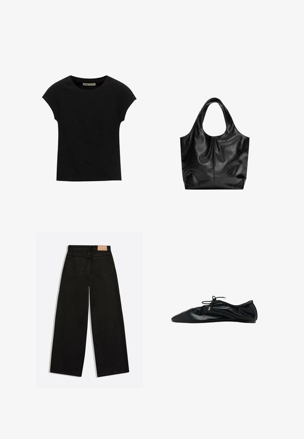 T-shirt noir à manches courtes avec un col rond. Confectionné en coton lisse et extensible. Design simple sans motifs ni graphismes.; Jean noir à jambes larges vu de dos, avec deux poches arrière et un patch de marque en cuir marron à la ceinture.; Ballerine plate en cuir noir avec bout froncé et lacet à nouer orné d'embouts métalliques, vue latérale minimaliste et élégante.; Sac fourre-tout en cuir noir avec une texture lisse, un haut arrondi doux et de larges poignées. Présente une couture minimale et une silhouette décontractée.