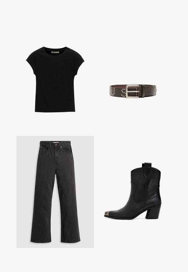 Schwarzes T-Shirt mit kurzen Ärmeln und rundem Ausschnitt. Hergestellt aus glattem, elastischem Baumwollstoff. Einfaches Design ohne Muster oder Grafiken.; Schwarze Denim-Weitbein-Jeans mit hohem Bund, fünf Taschen und Metallknopfverschluß. Der Stoff hat eine glatte, leicht verblichene Textur.; Schwarzer Leder-Stiefelette mit leichtem Absatz, spitz zulaufender Spitze und metallischer Kappe. Schlichte Nahtführung und Zuglasche an der Rückseite.; Dunkelbrauner Ledergürtel mit einer silbernen Metallschnalle und dekorativen silbernen Nieten, die teilweise Buchstaben auf dem Gürtel bilden.