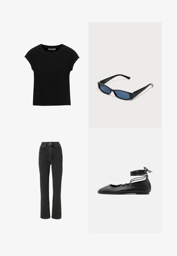 Schwarzes T-Shirt mit kurzen Ärmeln und rundem Ausschnitt. Hergestellt aus glattem, elastischem Baumwollstoff. Einfaches Design ohne Muster oder Grafiken.; Hochgeschnittene schwarze Jeans aus Denim mit geradem Bein, fünf Taschen, Metallknopfverschluss und subtiler Verwaschung.; Schwarzer flacher Ballettschuh aus Leder mit spitzer Kappe, mehreren dünnen Riemen über dem Spann und Schnürsenkeln, die um den Knöchel gewickelt sind.; Schwarze Sonnenbrille mit einem eleganten rechteckigen Rahmen und blauen Gläsern. Besitzt eine glatte Oberfläche und robuste Scharniere. Markenlogo an der Seite.