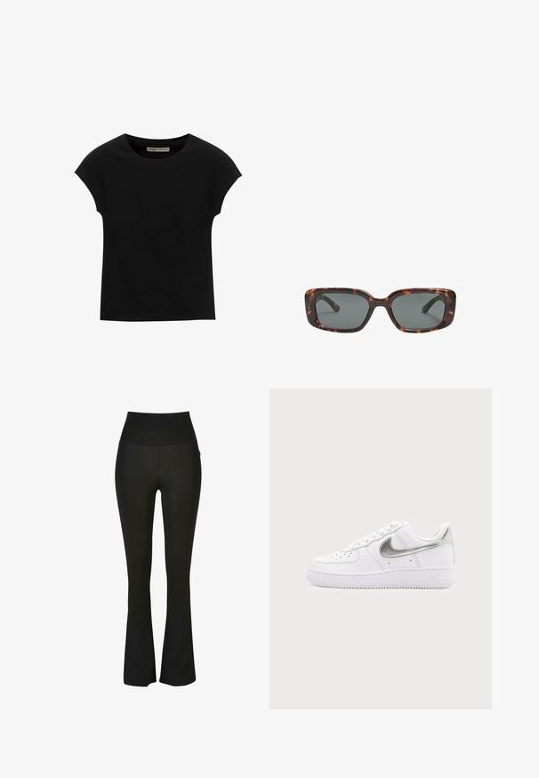T-shirt noir à manches courtes avec un col rond. Confectionné en coton lisse et extensible. Design simple sans motifs ni graphismes.; Leggings noirs évasés avec une taille haute, fabriqués à partir d'un matériau lisse et extensible. Présente une silhouette ajustée et des coutures discrètes.; Baskets basses blanches avec le swoosh Nike argent métallisé et des lacets blancs sur un fond gris clair uni.; Lunettes de soleil en écaille de tortue avec des verres rectangulaires, monture épaisse et verres teintés foncés. Texture lisse et design minimaliste.
