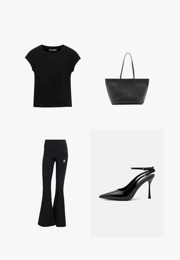 Musta lyhythihainen T-paita, jossa pyöreä kaula-aukko. Valmistettu sileästä, joustavasta puuvillakankaasta. Yksinkertainen malli ilman kuvioita tai grafiikoita.; Mustat ribattu flared leggings, joissa on leveä vyötärönauha ja pieni valkoinen Adidas-logo vasemmalla ylhäällä. Pehmeä kankaan rakenne.; Musta lakka nahkainen korkokengät, joissa on kärkikärki ja kaksinkertaiset nilkkaremmit hopeisilla soljilla.; Musta nahkainen olkalaukku, jossa pitkät ohuet kahvat, teksturoitu pinta ja leveä avoin yläosa.