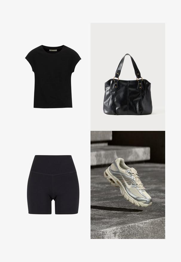 Sort T-shirt med korte ærmer og rund halsudskæring. Fremstillet af glat, elastisk bomuldsstof. Simpelt design uden mønstre eller grafik.; Sorte højtaljede shorts lavet af strækbart stof. Har en elastisk talje, glat tekstur og midt på låret længde med et sømløst design.; Beige og sølv Nike løbesko med mesh og snøredetaljer, svævende over betontrin.; Sort læder skuldertaske med dobbelte stropper fastgjort med gyldne ringe og nitter, glat og let skinnende overflade, enkelt design.
