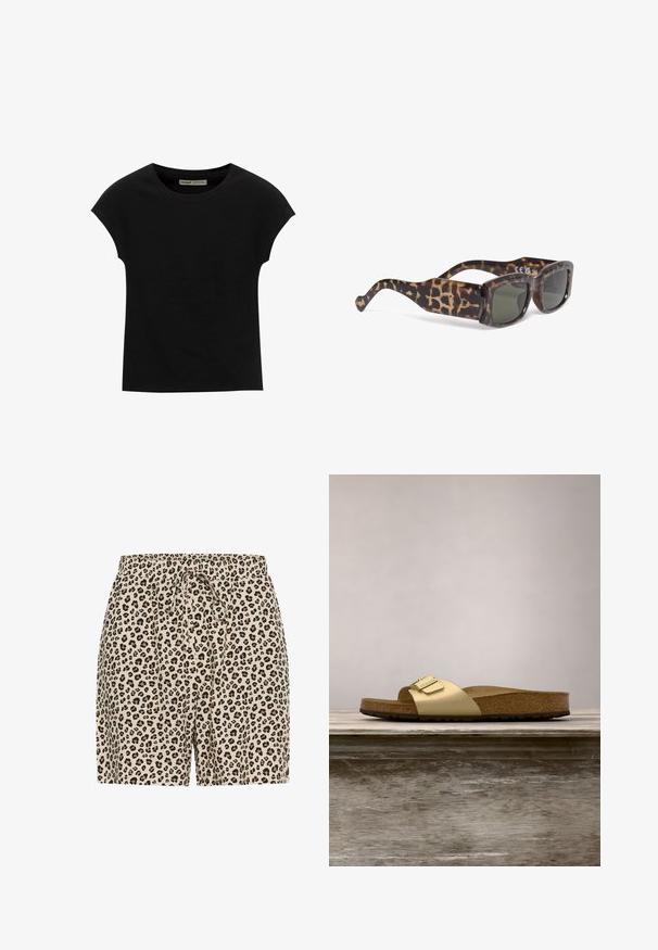 T-shirt noir à manches courtes avec un col rond. Confectionné en coton lisse et extensible. Design simple sans motifs ni graphismes.; Shorts en imprimé léopard beige avec des taches noires et marron. Dotés d'une taille élastique avec un cordon de serrage pour un ajustement. Matériau léger.; Sandale glissante synthétique dorée avec une seule sangle et un accent de boucle, dotée d'un pied en liège brun et d'une semelle en caoutchouc texturé.; Lunettes de soleil en écaille brune avec des verres verts, de forme carrée, avec des branches épaisses arborant un motif léopard et un détail de marque subtil sur le côté.