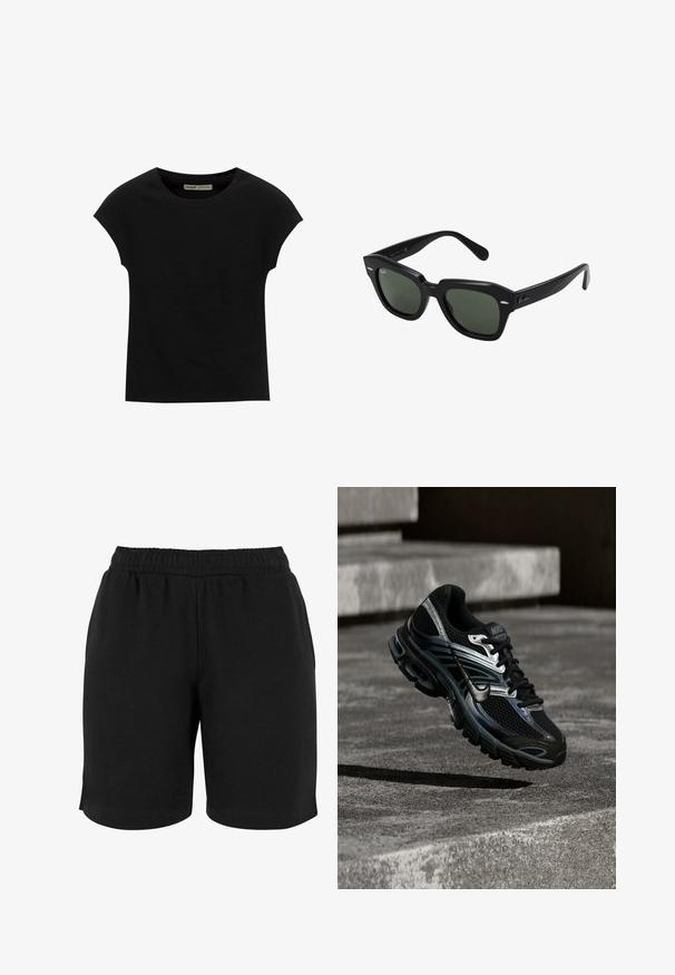 T-shirt noir à manches courtes avec un col rond. Confectionné en coton lisse et extensible. Design simple sans motifs ni graphismes.; Shorts en coton noirs avec une taille élastique, présentant une texture lisse et une coupe simple. Aucun poche ni embellissement visible.; Chaussure de running Nike noire et argent flottant au-dessus de marches en béton, montrant un design détaillé et une semelle texturée en extérieur.; Lunettes de soleil carrées noires avec des verres vert foncé, présentant des montures audacieuses et des accents argentés sur les côtés. Fabriquées en Italie.