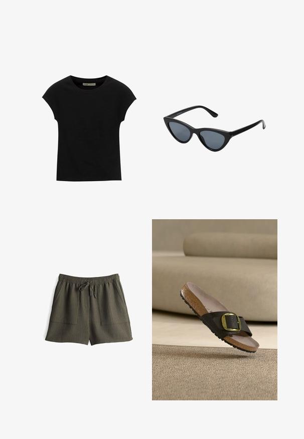 Schwarzes T-Shirt mit kurzen Ärmeln und rundem Ausschnitt. Hergestellt aus glattem, elastischem Baumwollstoff. Einfaches Design ohne Muster oder Grafiken.; Olivgrüne Shorts mit geripptem Muster, elastischem Bund, Kordelzugverschluss und zwei seitlichen Taschen.; Braune Pantoffel mit Korksohle, schwarzem strukturiertem Riemen und großer goldener Schnalle, die auf einem beigen Teppich neben einem beigen Sofa liegen.; Schwarze Cat-Eye-Sonnenbrille mit dunkelgrauen Gläsern, schlankem Kunststoffrahmen, spitzen Ecken und geraden Bügeln. Keine sichtbaren Befestigungen oder Akzente.
