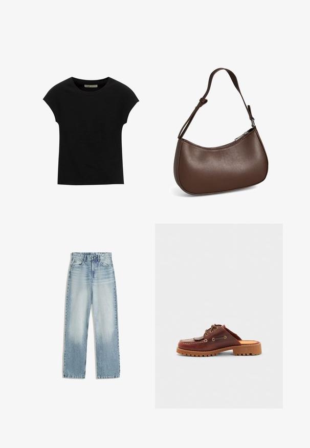Zwart T-shirt met korte mouwen en een ronde halslijn. Gemaakt van soepel, rekbaar katoenen stof. Eenvoudig ontwerp zonder patronen of afbeeldingen.; Lichtblauwe denim jeans, hoog in de taille, met een recht model. Bevat klassieke vijf-pocket styling en subtiele vervaging aan de voorkant.; Bruine lederen instapschoen in mokassinstijl, met decoratieve veters, gouden oogjes en een textuur rubberen zool.; Kleine bruine leren schoudertas met verstelbare band en ritssluiting, getoond tegen een witte achtergrond. Geen zichtbaar merk of versieringen.