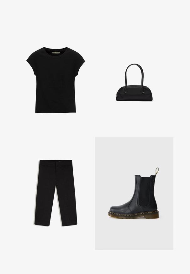T-shirt noir à manches courtes avec un col rond. Confectionné en coton lisse et extensible. Design simple sans motifs ni graphismes.; Pantalon noir court à jambes droites, taille plate avec ceinture, sans poches visibles, présenté sur fond blanc.; Bottine Chelsea en cuir noir avec panneaux elastiques sur les côtés, finition texturée, coutures jaunes et une semelle en caoutchouc durable, légèrement transparente.; Sac à main en cuir noir avec des poignées longues et arrondies et un corps rectangulaire incurvé, doté d'une fermeture éclair supérieure.