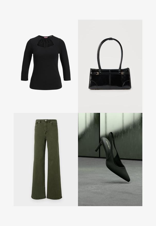 Zwart shirt met lange mouwen, voorzien van een uitgesneden detail aan de voorkant en een strikkoord bij de halslijn, aansluitend model en ronde hals.; Olijfgroene flared jeans van katoen, met een hoge taille, vijf-pocket ontwerp, metalen knop en stiksels langs de naden.; Zwarte slingback hoge hak met spitse neus en enkelriempje, merk "ANNA FIELD", licht zwevend boven een grijs oppervlak.; Glanzend zwart rechthoekig handtasje met twee dunne schouderbanden en kleine gouden gespsdetails aan de voorkant.