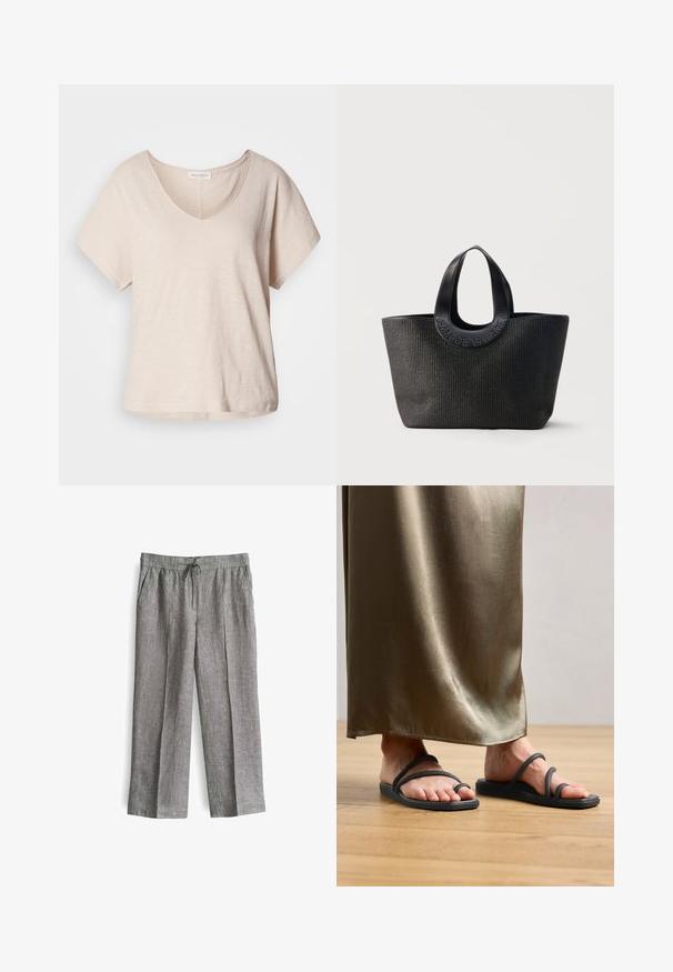 Lichtbeige t-shirt met korte mouwen en v-hals, gemaakt van een zachte, gestructureerde stof. Relaxte pasvorm met een subtiele glans en een rechte onderrand.; Lichtgrijze linnenbroek met een losse pasvorm, een tailleband met koord, twee zijzakken en plooi-details aan de voorkant.; Zwarte rubberen slipper met twee dunne banden, met een enkele teenlus. Geplaatst op een houten vloer naast een satijnen olijfgroen rok.; Zwarte getextureerde tote bag met brede afgeronde handvatten met het geperste merknaam "Samsøe Samsøe" op een neutrale achtergrond.