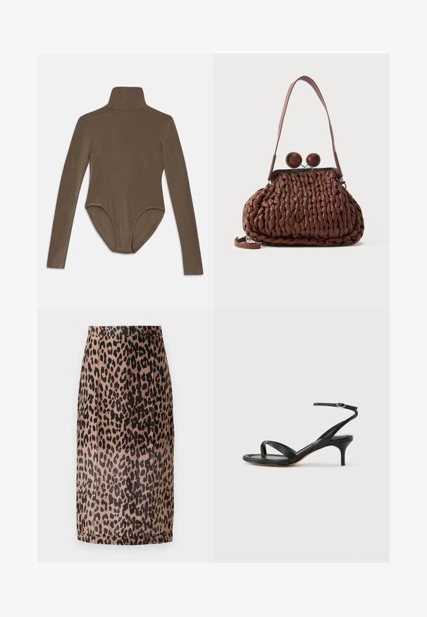 Langærmet bodysuit i mørkebrunt stof, med høj krave, glat tekstur og scoop-back design med en tætsiddende pasform.; Leopardmønstret blyantskirt i beige og sort. Glat stof, tætsiddende design med knælang skæring og en skjult talje. Ingen synlige lukninger.; Sort damesandal i læder med tynde remme, en tå-loop, ankelspænde og en mellemhøj stiletthæl på en neutral baggrund.; Brun flettet læderhåndtaske med en enkelt strop og to store runde trælukninger på toppen.