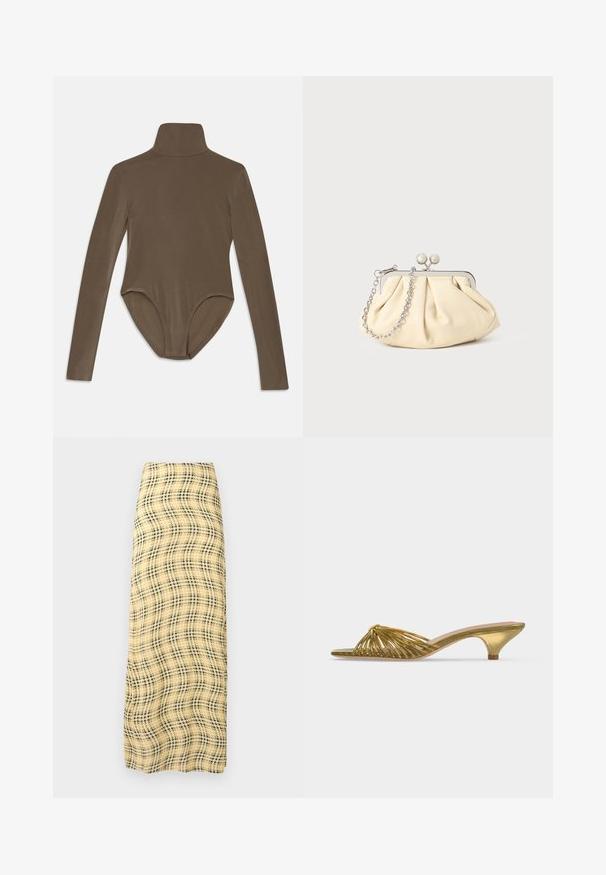 Bodysuit de manga larga en tela marrón oscuro, con un cuello alto, textura suave y un diseño de espalda descubierta con un ajuste ceñido.; Rabanne Falda larga - green/yellow/cream; Zapato mule dorado con tiras, puntera abierta, tacón bajo tipo kitten y diseño anudado sobre fondo blanco liso.; Clutch de cuero beige plisado con un marco de metal plateado, que cuenta con dos broches decorativos redondos y una correa de cadena plateada.