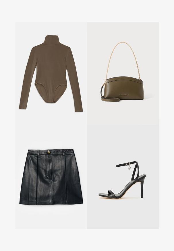 Bodysuit de manga larga en tela marrón oscuro, con un cuello alto, textura suave y un diseño de espalda descubierta con un ajuste ceñido.; AERON RUDENS SKIRT - Falda acampanada - black; Sandalia de tacón alto negra con una estrecha correa en el tobillo, punta cuadrada, material de cuero liso y detalle de hebilla metálica.; Bolso de mano Michael Kors verde oliva con correa de cadena dorada para el hombro, parte superior curvada y pequeño logo dorado en el frente, mostrado sobre fondo blanco.