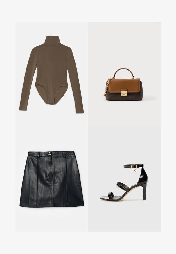 Langarm-Bodysuit aus dunkelbraunem Stoff mit hohem Kragen, glatter Textur und tiefem Rückenausschnitt für eine enge Passform.; AERON RUDENS SKIRT - A-Linien-Rock - black; Schwarze Lackleder-Sandale mit drei Riemen, Knöchelriemen und 10 cm hohen Stiletto-Absatz. Verfügt über goldfarbene Hardware-Details und ein Logo-Charm.; Braune Lederhandtasche mit dunklem Logomuster, goldenen Metallteilen, einem oberen Griff und einem Kettenriemen. Geometrische Form mit Klappverschluss.