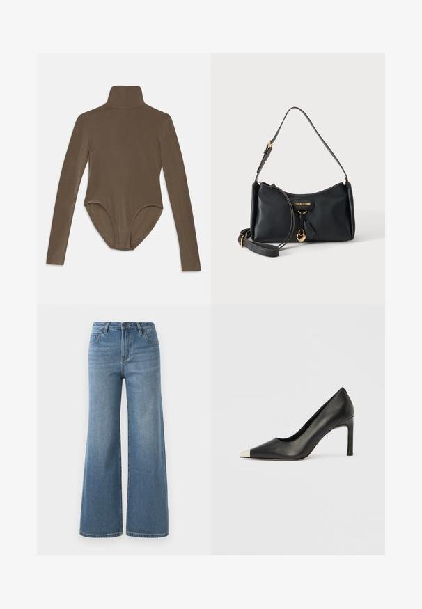 Langarm-Bodysuit aus dunkelbraunem Stoff mit hohem Kragen, glatter Textur und tiefem Rückenausschnitt für eine enge Passform.; Hellblaue, weit geschnittene Denim-Jeans mit hoher Taille, Knopf- und Reißverschluss sowie Fronttaschen.; Schwarzer Lederschuh mit hohem Absatz, spitz zulaufender Zehenpartie und metallischer silberner Spitze. Verfügt über eine glatte Oberfläche und einen schlanken 10 cm hohen Absatz.; Schwarze Moschino Schultertasche mit goldenem Herzanhänger, verstellbarem Riemen und Logoplakette vor schlichtem Hintergrund.