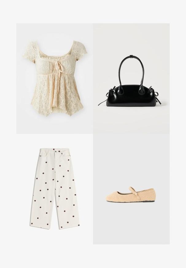 Top en dentelle beige clair. Il est doté de manches courtes, d'un col carré, d'un nœud à l'avant et d'un ourlet évasé. Motif floral texturé sur l'ensemble.; Pantalon blanc à jambes larges avec des pois marron, poches avant, passants de ceinture et une fermeture à double bouton à la taille.; Chaussure plate Mary Jane en beige peluche avec bout arrondi, sangle réglable avec boucle circulaire et semelle noire sur fond blanc.; Petit sac à main noir brillant avec deux longues anses et des détails à cordon sur les côtés sur un fond clair uni.