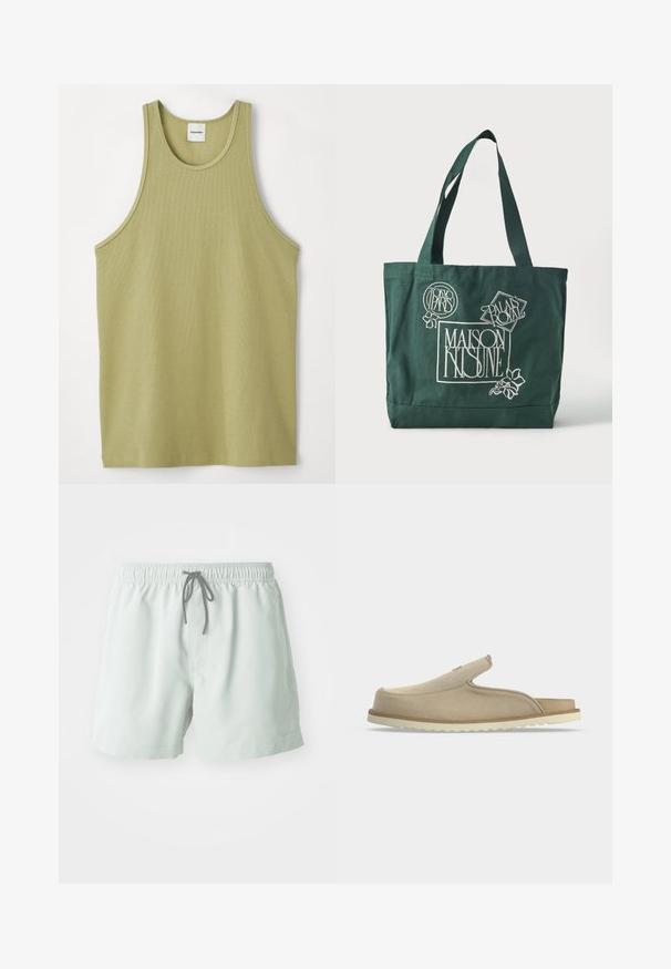 Hele roheline ribaga tank top ümmarguse kaeluse ja laiade käeaukudega. Kangas tundub pehme, kerge tekstuuriga ja regulaarse servaga.; Kerged rohelised ujumispüksid elastse vöökoha, reguleeritava stringi ja küljetaskutega. Sile tekstuur, reitest kõrgem pikkus.; Beežid libistatavad sandaalid suletud varbaga, avatud kand, pehme seemisnahast pealmine osa ja valge tekstuuriga kummist tald, nähtud küljelt valgel taustal.; Tume roheline kandekott laiade sangadega, millel on valged graafilised tekstid: "Maison Kitsuné", "Tokyo Paris" ja "Palais Royal" lilleornamentidega.