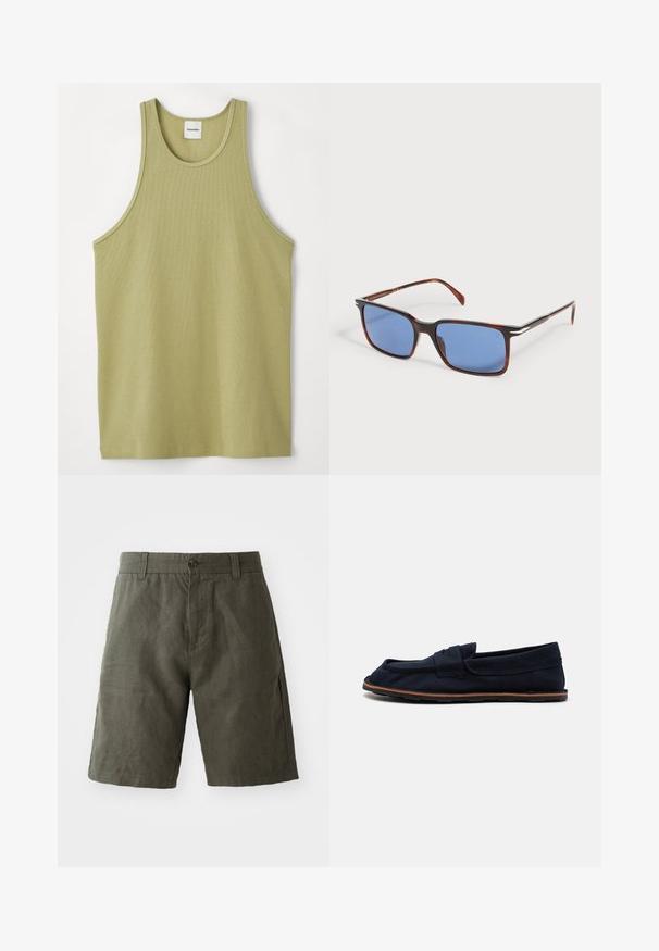 Lys grøn ribbet tank top med rund halsudskæring og brede ærmehuller. Stoffet ser blødt ud med en subtil tekstur og almindelig kant.; Mørkegrønne linnedshorts med knaplukning og bælteløkker, med lige snit og glat tekstur.; Mørkeblå lærred bådsko med flad sål, en syet rem over vristen og brune gummidetaljer på sålen for bedre greb.; Rektangulære skildpaddemønstrede solbriller med tynde arme og blåtonede linser placeret på en hvid overflade.