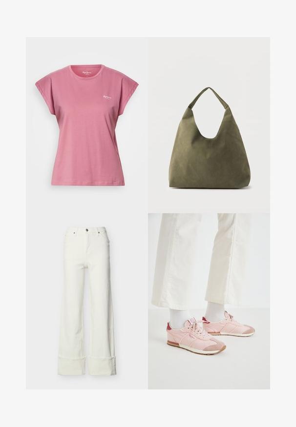 Damen T-Shirt in Hellrosa mit kurzen Ärmeln und Rundhalsausschnitt, mit kleinem weißem "Pepe Jeans London" Logo auf der Brust.; Weiße Jeans mit weitem Bein, hohem Bund, vorderer Knopfleiste und Reißverschluss, Gürtelschlaufen, Taschen vorne und hinten sowie umgeschlagenen Säumen.; Rosa Sport Schuhe mit einer Kombination aus glatten und strukturierten Materialien. Merkmale sind ein bordeauxfarbener Akzent an der Ferse und eine weiße Gummisohle.; Weiche Schultertasche aus olivgrünem Leder mit einem breiten, einzelnen Träger und einer entspannten, unstrukturierten Form auf hellem Hintergrund.