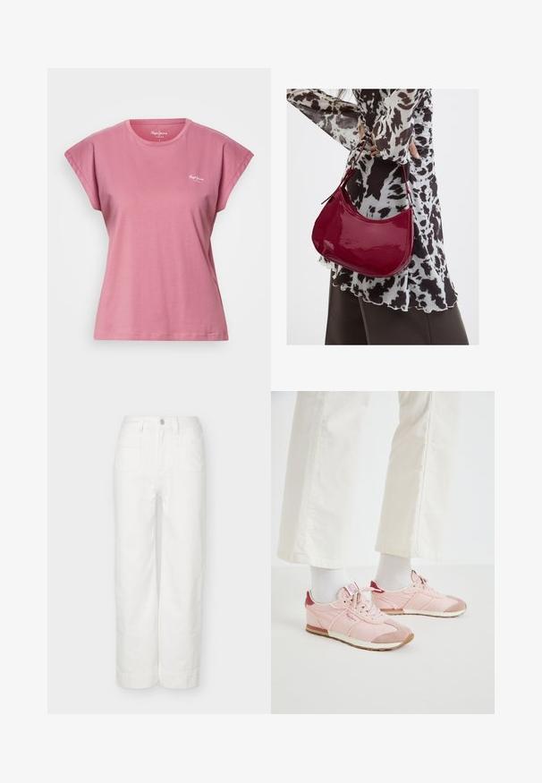 Lichtroze dames T-shirt met korte mouwen en een ronde hals, voorzien van een klein wit "Pepe Jeans London" logo op de borst.; Witte broek met wijde pijpen, hoge taille, knopen en ritssluiting aan de voorkant, en twee opgestikte zakken aan de voorkant, weergegeven op een effen achtergrond.; Roze sportchoenen met een combinatie van gladde en gestructureerde materialen. Kenmerken zijn een kastanjebruine accent bij de hak en een witte rubberen zool.; Vrouw met een zwart-wit gebloemde blouse houdt een glanzende rode schoudertas vast tegen een effen achtergrond.