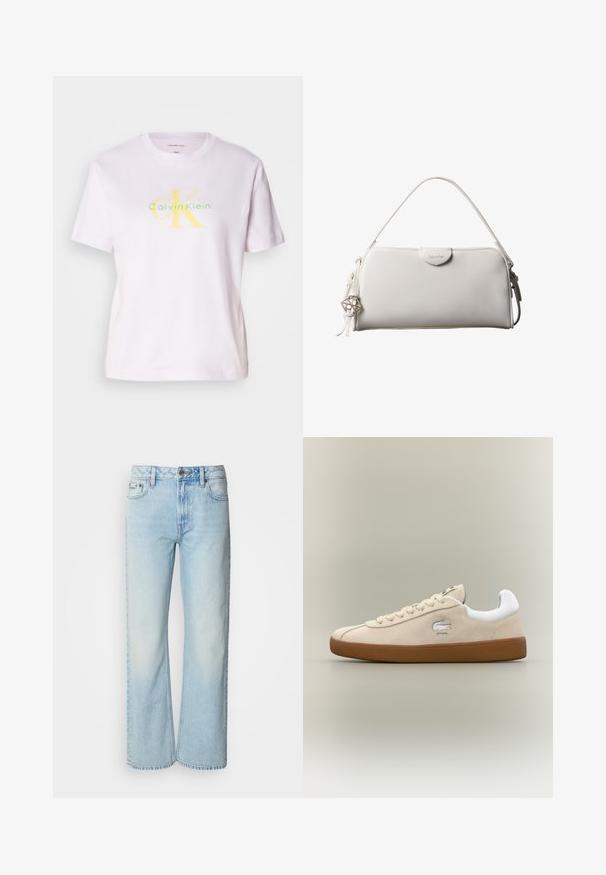 Biely bavlnený trik s okrúhlym výstrihom a krátkymi rukávmi, na prednej strane s logom "Calvin Klein" v žltej a zelenej farbe a grafikou "CK".; Svetlomodré široké džínsy vyrobené z denimu, s klasickým päť-pocket dizajnom a jemnou vyblednutou textúrou. Švy z denimu sú viditeľné.; Béžové semišové tenisky s bielymi akcentmi a gumovou podrážkou. Vyznačujú sa vystúpeným logom na boku a kontrastnými béžovými šnúrkami. Klasický dizajn.; Biela obdĺžniková kabelka Calvin Klein s jedným rúčikom, minimalistickým dizajnom a dekoratívnymi strapcami s geometrickým kovovým príveskom na boku.