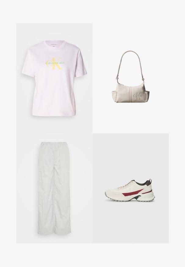 Hvid bomulds T-shirt med rund halsudskæring og korte ærmer, med et gult og grønt "Calvin Klein" logo og "CK" grafik på forsiden.; Lys grå bukser med elastisk talje, bred benudskæring og glat overflade. Ingen synlige mønstre eller hardwaredetaljer.; Sneaker i off-white med burgundy accenter, tekstureret overmateriale, robust gummisål, rund tå og snøresystem.; Lille beige læder skuldertaske med justerbar rem og præget Calvin Klein-logo foran i midten.
