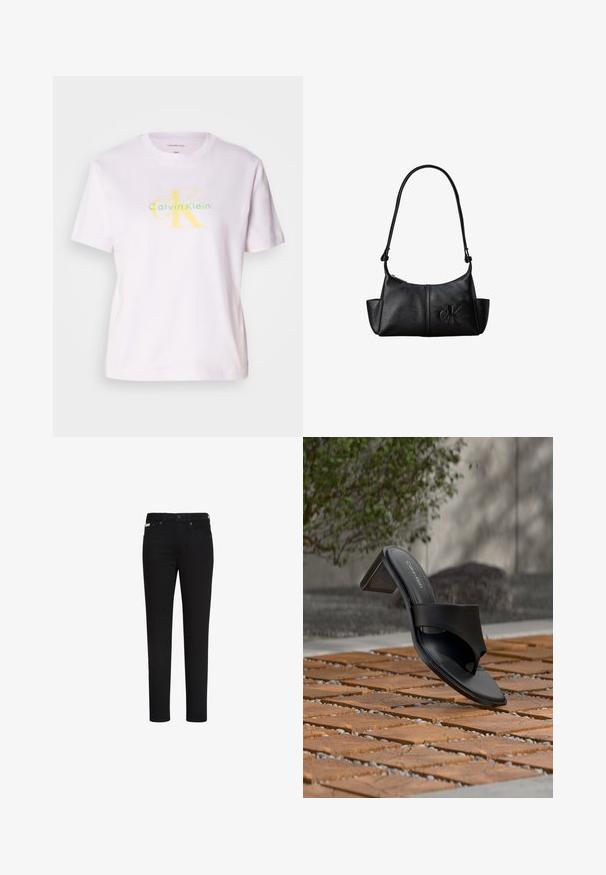 Biely bavlnený trik s okrúhlym výstrihom a krátkymi rukávmi, na prednej strane s logom "Calvin Klein" v žltej a zelenej farbe a grafikou "CK".; Čierne slim fit rifle s predným gombíkom a zipsom, s prednými a zadnými vreckami a malou etiketu na pravom prednom vrecku.; Čierna sandála Calvin Klein na podpätku s prstovou slučkou na drevenej dlažbe vonku pri strome a kamennom múre.; Čierna kožená taška cez rameno s dlhým popruhom, bočnými vreckami a vystúpeným logom Calvin Klein vpredu.