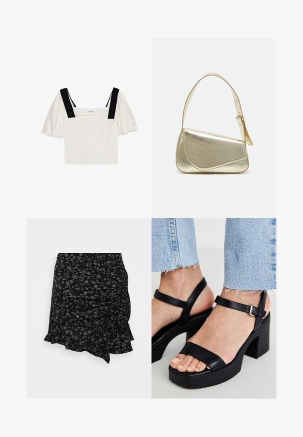Hvid kortærmet top med puffede ærmer, firkantet halsudskæring og sorte stropper. Blødt stof med en lettere struktureret form og minimal detailing.; Sort nederdel med blomstermotiv, der har samlet tekstur og flæsekanter, fremstillet i let materiale med subtile sølvdetaljer i designet.; ALDO CELIE - Højhælede sandaletter / Højhælede sandaler - black; Guldmetallisk håndtaske med et struktureret design, glat tekstur og justerbar rem. Har en unik trekantet form og minimalistisk syning.