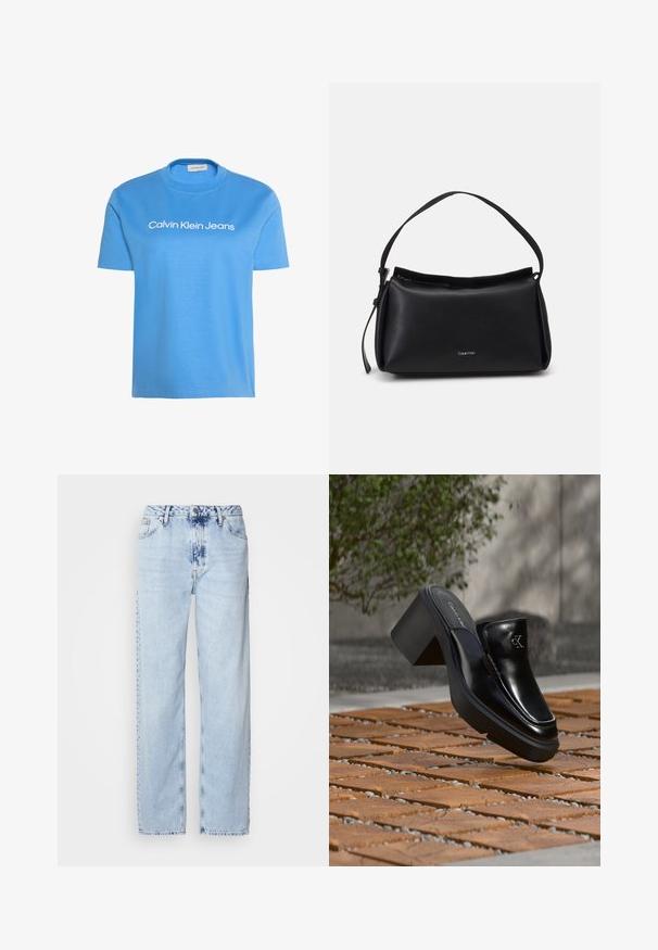 Svetlomodré tričko s krátkym rukávom a okrúhlym výstrihom s bielym nápisom "Calvin Klein Jeans" cez hruď.; Svetlomodré široké džínsy vyrobené z denimu, s vysokým pásom, vyblednutým umývaním a jemným vzorom batikovania na prednej strane.; Čierne kožené šľapky Calvin Klein s blokovým podpätkom, ktoré oddychujú na drevených dlaždiciach vonku blízko zelenej rastliny a šedej steny.; Čierna kožená kabelka s zakriveným tvarom, jedným popruhom a uzáverom na zips na vrchu. Obsahuje jemné logo na prednej strane pre branding.