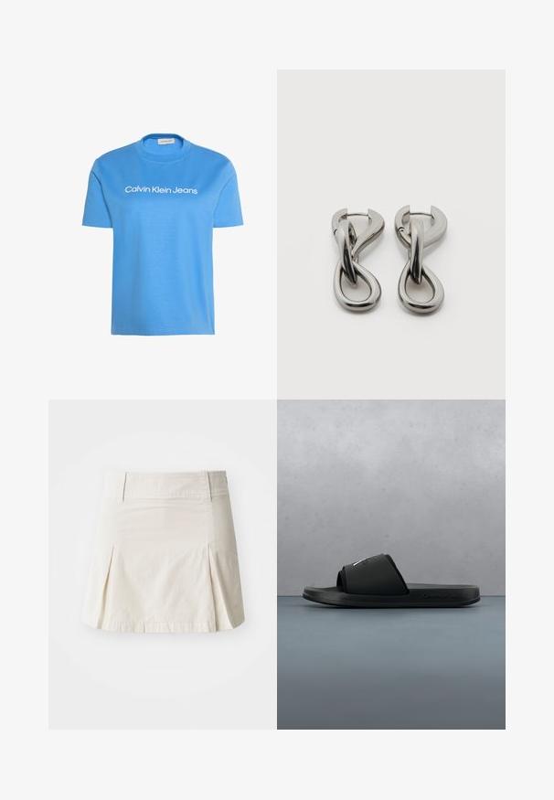 Hellblaues kurzärmeliges Rundhalsshirt mit dem weiß gedruckten Schriftzug "Calvin Klein Jeans" auf der Brust.; Hellbeiger Baumwollrock mit taillierter Passform, gefälteltem Design und geradem Saum, der eine glatte Textur aufweist und keine sichtbaren Beschläge hat.; Schwarze Calvin Klein Pantoletten-Sandale schwebt über einem Boden aus Holzfliesen, Außenbereich mit Sträuchern und Betonwand im Hintergrund.; Paar silberfarbene Metallohrringe mit abstraktem ineinandergreifendem Schlaufen-Design auf weißem Hintergrund.