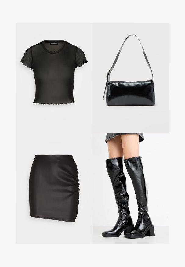 Sort gennemsigtig kortærmet top med rund halsudskæring og bølgede kanter. Lavet af letvægtsstof, designet er tætsiddende og let cropped.; Sort mini skirt lavet af glat syntetisk materiale, med rynket detaljer på den ene side og en tætsiddende silhuet.; Sorte, glansende støvler til knæene med en firkantet tå og kraftig hæl. Har en sidelukning med lynlås og et tætsiddende, struktureret design.; Sort rektangulær skuldertaske med en enkelt justerbar rem og lynlås i toppen på en ensfarvet baggrund.