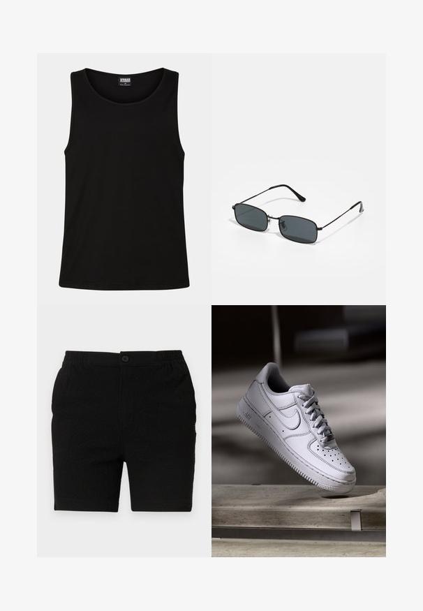Schwarzes Tanktop aus weichem Baumwollstoff. Hat einen runden Halsausschnitt und breite Armausschnitte, ohne sichtbare Muster oder Akzente.; Schwarze Shorts aus einem strukturierten Stoff, mit elastischem Bund und einem einzelnen Knopfverschluss. Für die Freizeit gestaltet, mit geradem Schnitt.; Weißer Nike Air Force 1 Sneaker aus Leder mit perforierter Zehenpartie, flachen Schnürsenkeln und strukturierter Gummisohle mit "AIR"-Branding an der Seite.; Schwarze rechteckige Sonnenbrille mit dünnem Metallrahmen und dunklen Gläsern, die auf einer weißen Oberfläche liegt.