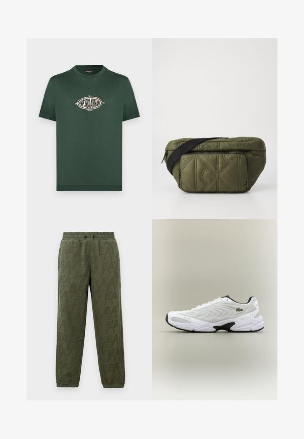 Donkergroene T-shirt met korte mouwen en een ronde hals, met een vintage witte ovale logo op de borst met de tekst "Emporio Armani 1981 Milano".; Olijfgroen fleece joggingbroek met elastische taille en boorden, met subtiel ton-sur-ton EA7 logo patroon overal.; Witte sportieve schoen met een textuur van gaas bovenwerk, gebogen ontwerp en contrasterende zwarte zool. Heeft een groen geborduurd logo aan de zijkant.; Gevoerde olijfgroene schoudertas met een zwarte schouderband. Heeft een ritsvak aan de voorkant en een zachte, gewatteerde textuur.