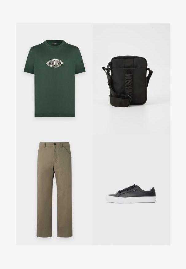 Tume-roheline lühikeste varrukatega ümmarguse kaelusega t-särk, millel on valge ovaalne vintaažstiilis logo rinnal, millel on kirjas "Emporio Armani 1981 Milano".; Heledad oliivirohelised püksid on valmistatud siledast ja tugevast kangast. Omavad nööbi ja tõmbluku sulgemist, külge taskud ning sirget sääremustrit.; Must musta tennis shoe valge kummist tallaga, ümar varvas ja mustad paelad, millel on sile tekstuur ja minimalistlik disain.; Mugav must ristkeha kott reguleeritava rihmaga ja vertikaalne MOSCHINO logo esiosa keskpaneelil valge taustal.