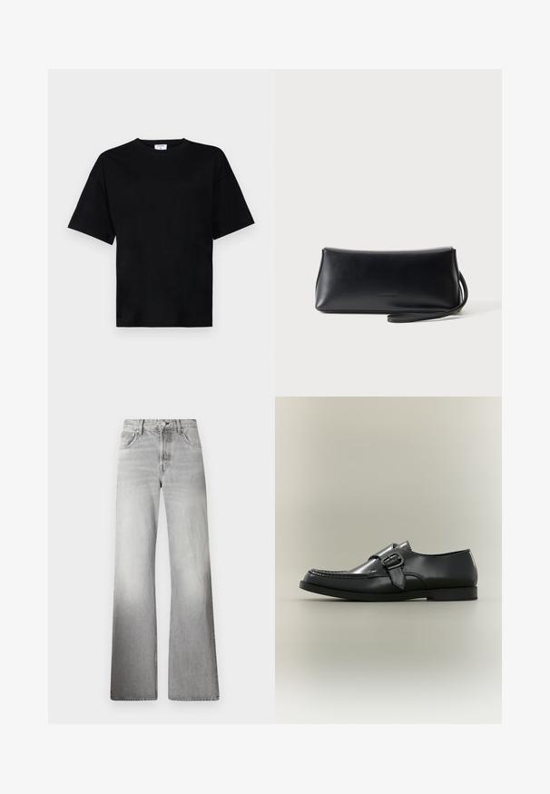 T-shirt noir à manches courtes, coupe décontractée, en tissu doux, avec un col rond et sans motifs ni accents marquants.; Jean large en denim gris avec taille haute, texture délavée, cinq poches et fermeture éclair avec bouton.; Chaussure habillée en cuir noir avec une boucle latérale et des détails de couture, vue de profil sur un fond neutre.; Pochette en cuir noir lisse avec une fine lanière de poignet, forme rectangulaire, et logo embossé subtil centré sur le devant.
