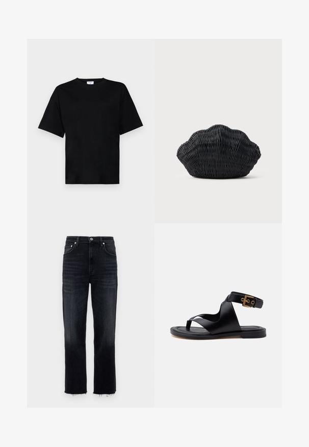 Schwarzes T-Shirt mit kurzen Ärmeln in lässiger Passform, aus weichem Stoff gefertigt, mit rundem Halsausschnitt und ohne auffällige Muster oder Akzente.; Hochgeschnittene, gerade Jeans aus dunkel gewaschenem Denim mit fransigem Saum und klassischem Fünf-Taschen-Design mit silbernen Hardware-Elementen.; Schwarze flache Sandale mit Zehenriemen, breiten ledernen Kreuzriemen und einem Knöchelriemen mit goldfarbenem Schnallenverschluss.; Schwarze Korbtasche in Muschelform mit gebogenem Oberteil und gewebter Textur auf einfarbigem Hintergrund.