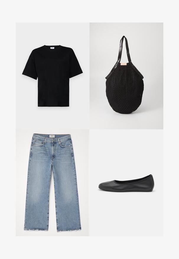 Zwart shirt met korte mouwen in een relaxte pasvorm, gemaakt van zachte stof, met een ronde halslijn en zonder opvallende patronen of accenten.; Agolde HARPER CROP - Wide leg - blue; Zwarte leren ballerina met een ronde neus, gladde textuur, minimale stikdetails en een flexibele zoolontwerp.; Zwarte geweven tas met een ovale vorm, voorzien van gladde handvatten en een gestructureerd netachtig ontwerp. Etiket zichtbaar aan de zijkant.