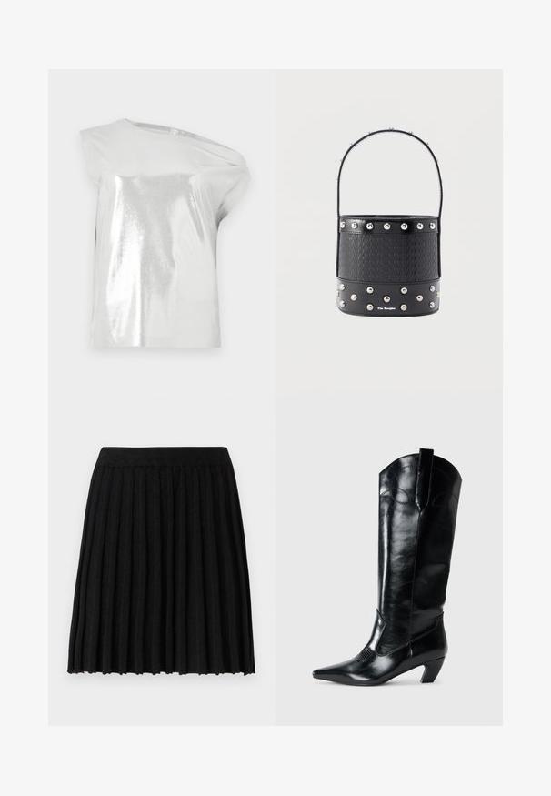 Mouwloos zilverkleurig metallic topje met een ronde hals en een asymmetrisch schouderontwerp, afgebeeld tegen een effen achtergrond.; Vero Moda Knitted VMMARINA Short - Minirok - black; Zwarte leren kniehoge laarzen met een spitse neus, lage hak en decoratieve stiksels aan de zijkanten. Gladde glanzende afwerking.; Zwarte emmertas met geweven textuur, zilverkleurige studaccenten en een slank handvat. Voorzien van merklogo aan de voorkant en een glad leren bodem.