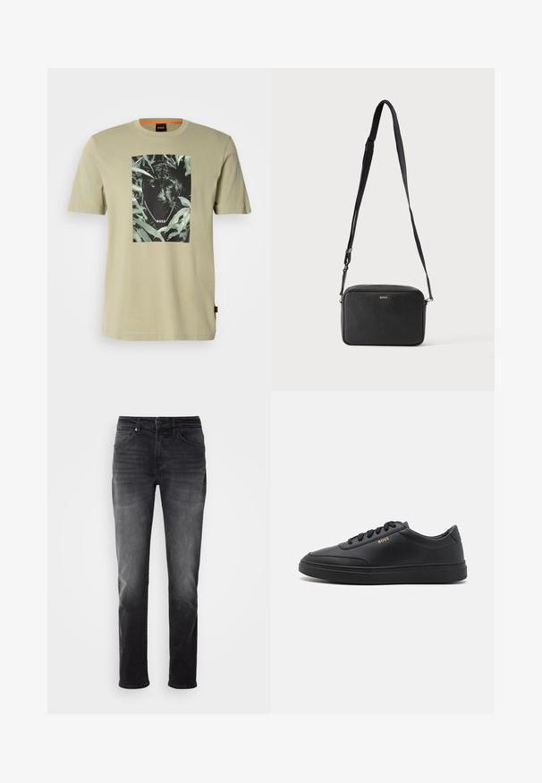 T-shirt vert olive en coton, arborant un graphisme de panthère noire entouré de feuillage. Le logo de la marque est intégré dans le design.; Jeans en denim noir avec une coupe droite. Comprend une fermeture à bouton et à zip, cinq poches et un léger délavage sur le tissu.; Baskets en cuir noir avec une texture lisse, bout rond, semelle en caoutchouc plate et lacets ton sur ton. Présente une marque "BOSS" dorée sur le côté.; Sac bandoulière rectangulaire noir avec sangle réglable et logo BOSS sur le devant, sur un fond clair uni.