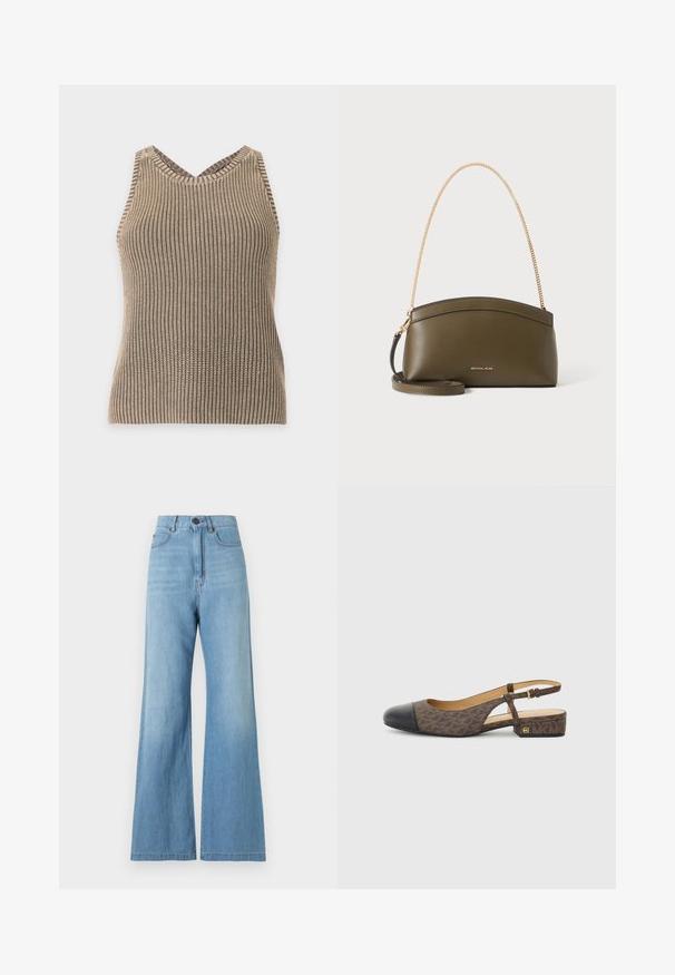 Mouwloze beige en bruine gebreide tanktop met ribbelstructuur en een V-vormige halslijn tegen een effen lichte achtergrond.; Lichtblauwe, high-waisted, wijde jeans met knoop- en ritssluiting aan de voorkant, voor- en achterzakken, en zichtbare naden.; Slingback schoen met een bruine gestreepte stoffen bovenkant en een zwarte leren neus. Heeft een kleine blokhak en een gespstrap.; Olijfgroene Michael Kors-handtas met gouden kettingschouderband, gebogen bovenkant en klein goud logo aan de voorkant, getoond tegen een witte achtergrond.