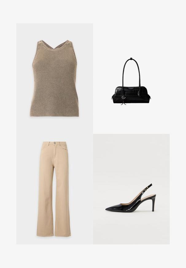 Débardeur beige et marron en maille avec texture côtelée et encolure en V sur un fond uni clair.; Pantalon beige taille haute, jambes larges, fermeture à boutons devant, poches avant et arrière, présenté sur fond blanc.; Pompe slingback en cuir verni noir avec un bout pointu, un talon fin et un design de découpes subtil. Elle dispose d'une boucle dorée sur la sangle.; Sac à épaule en cuir noir à texture crocodile, avec de longues sangles et un petit charm logo argenté sur une sangle.