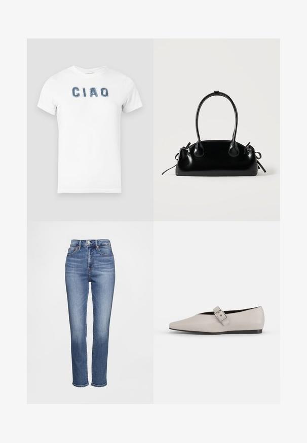 Hvid bomulds t-shirt med blå slidt "CIAO" tekst på tværs af brystet. Korte ærmer og rund halsudskæring.; Højtaljede blå jeans lavet af denim med et klassisk design med fem lommer, diskrete whiskering-detaljer og et lige ben-snit.; Beige læder flad sko med spidse tæer, en sidelukning som accent og en lav sort sål. Glat tekstur og minimalistisk design.; Lille sort blank håndtaske med to lange håndtag og snøre-detaljer i siden på en ensfarvet lys baggrund.