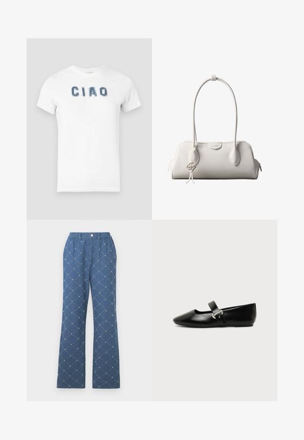 Weißes Baumwoll-T-Shirt mit blauer, abgenutzter "CIAO"-Schriftzug über der Brust. Kurze Ärmel und runder Ausschnitt.; Blaue gemusterte Hose mit einem rautenförmigen Steppdesign und kleinen dekorativen Perlen, einem elastischen Bund und einem Knopfverschluss.; Schwarzer Ledermary-Jane-Flachschuh mit abgerundetem Zehenbereich und silberner Schnalle auf einfachem Hintergrund.; Weiße Calvin Klein Schultertasche mit langen Griffen, rechteckiger Form, Reißverschluss und dekorativem Logo-Anhänger, der in der Nähe des Griffs hängt.