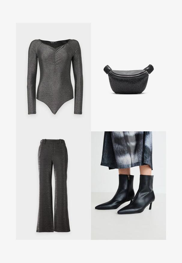 Bodysuit à manches longues en tissu noir scintillant avec un décolleté en V profond et un détail froncé à l'avant, présentant une silhouette ajustée et une fermeture à pression.; Pantalons noirs évasés en tissu texturé et brillant. Comprend une taille, des poches devants et une coupe droite jusqu'à l'ourlet.; Bottines en cuir noir à bout pointu et fermeture éclair sur le côté, avec un talon effilé. Texture lisse et design élégant.; Sac à main noir avec un dessus en cuir lisse et une base texturée couverte de clous argentés, avec une fermeture à glissière et des poignées doubles.